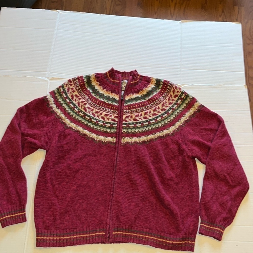 VTG-retro-y2k-TIARA-L-burgundy, full zip, knit, fair isle, cardigan sweater.